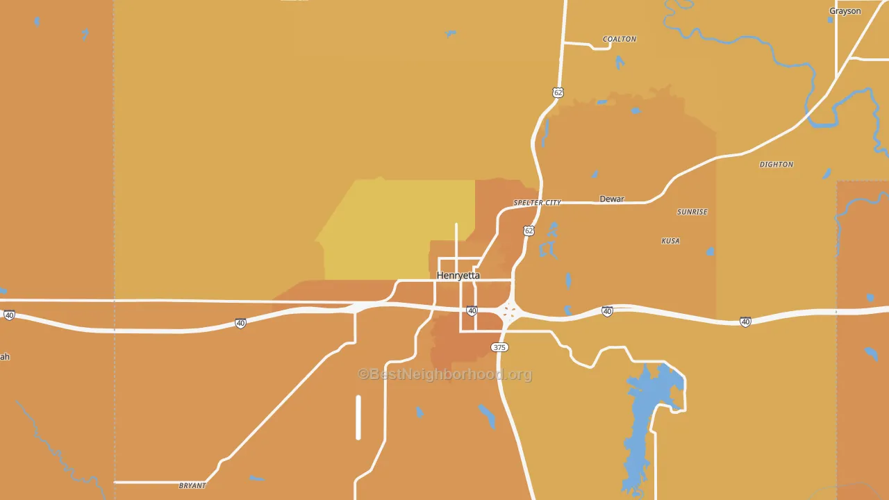 Map of the best neighborhoods in the Henryetta area, with better matches in green and worse matches in red