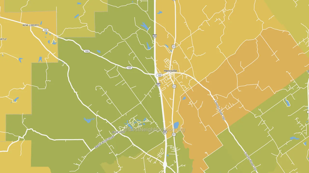 Map of the best neighborhoods in the Henryville area, with better matches in green and worse matches in red