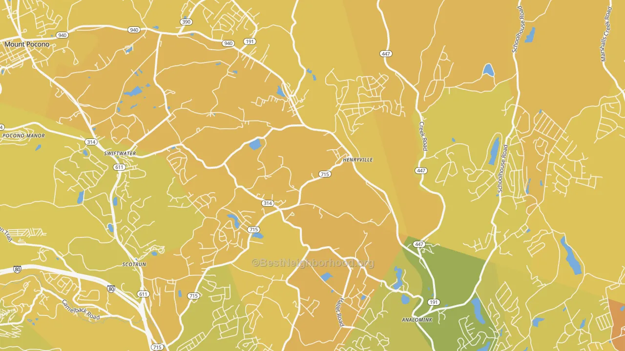 Map of the best neighborhoods in the Henryville area, with better matches in green and worse matches in red