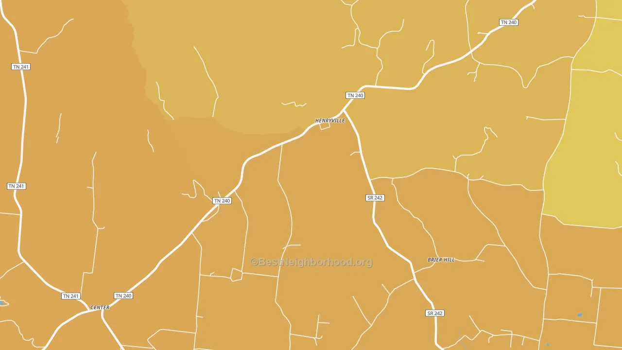 Map of the best neighborhoods in the Henryville area, with better matches in green and worse matches in red
