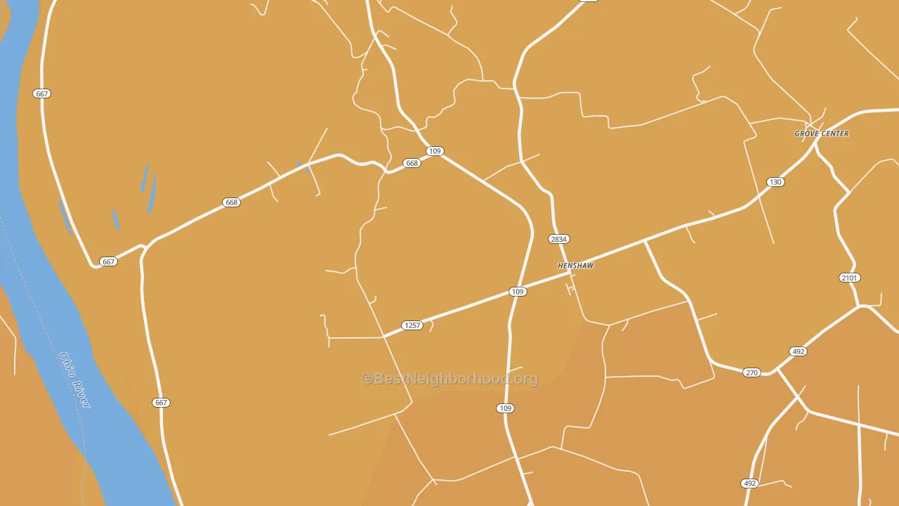 Map of the best neighborhoods in the Henshaw area, with better matches in green and worse matches in red