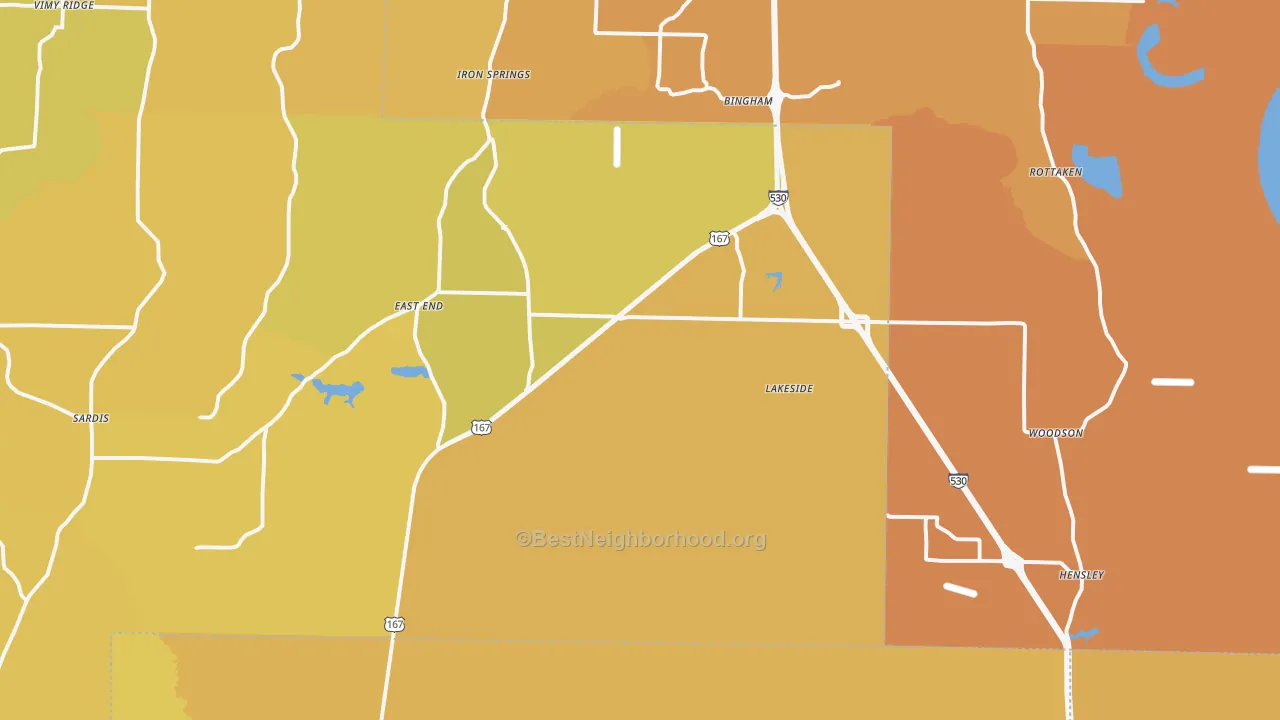 Map of the best neighborhoods in the Hensley area, with better matches in green and worse matches in red