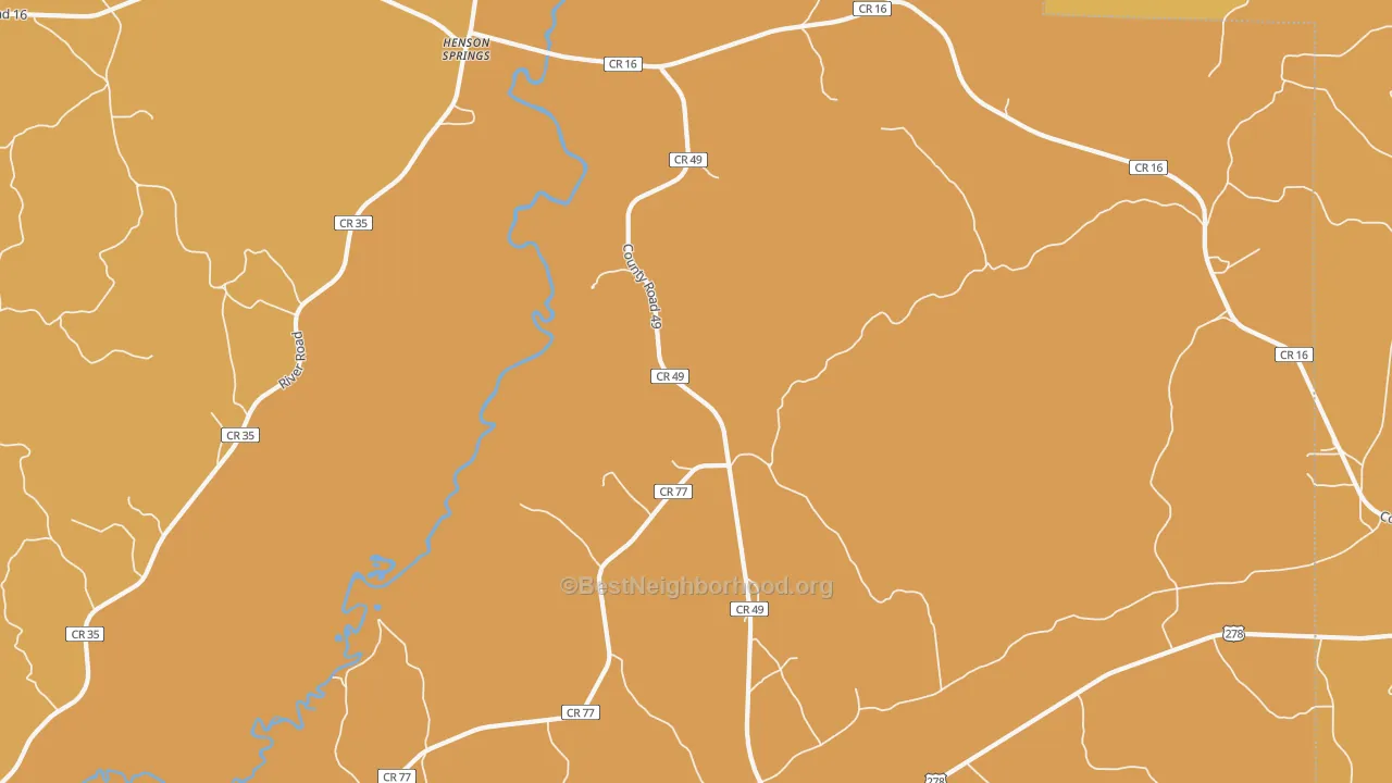Map of the best neighborhoods in the Henson Springs area, with better matches in green and worse matches in red
