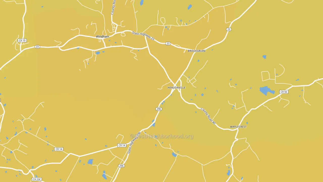 Map of the best neighborhoods in the Hensonville area, with better matches in green and worse matches in red