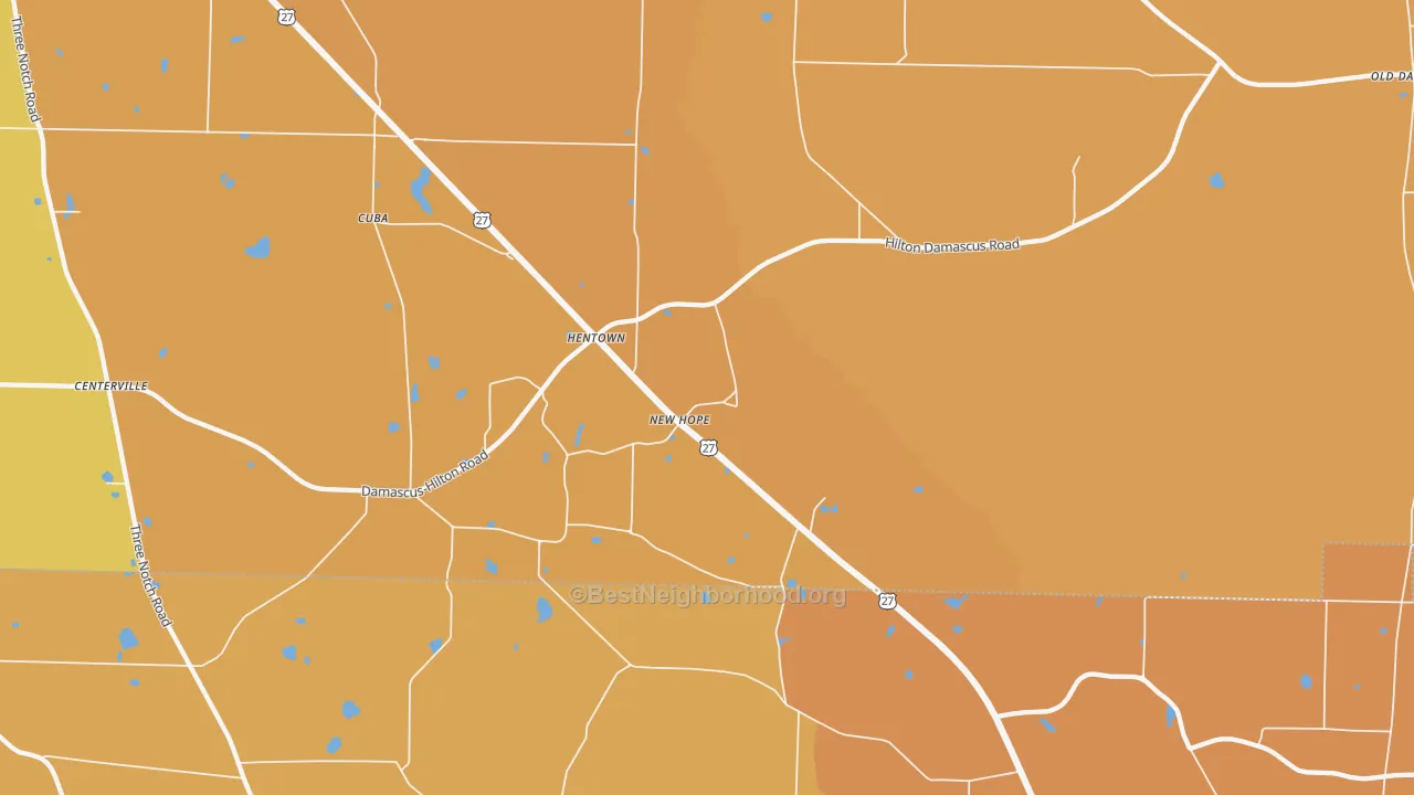 Map of the best neighborhoods in the Hentown area, with better matches in green and worse matches in red