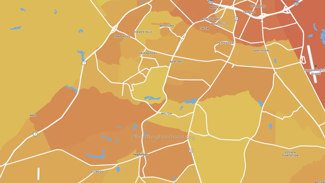 Map of the best neighborhoods in the Hephzibah area, with better matches in green and worse matches in red