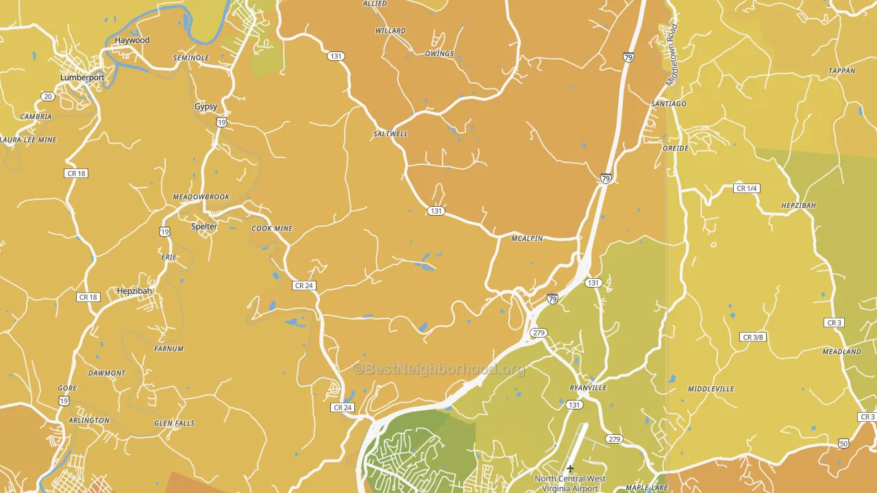 Map of the best neighborhoods in the Hepzibah area, with better matches in green and worse matches in red