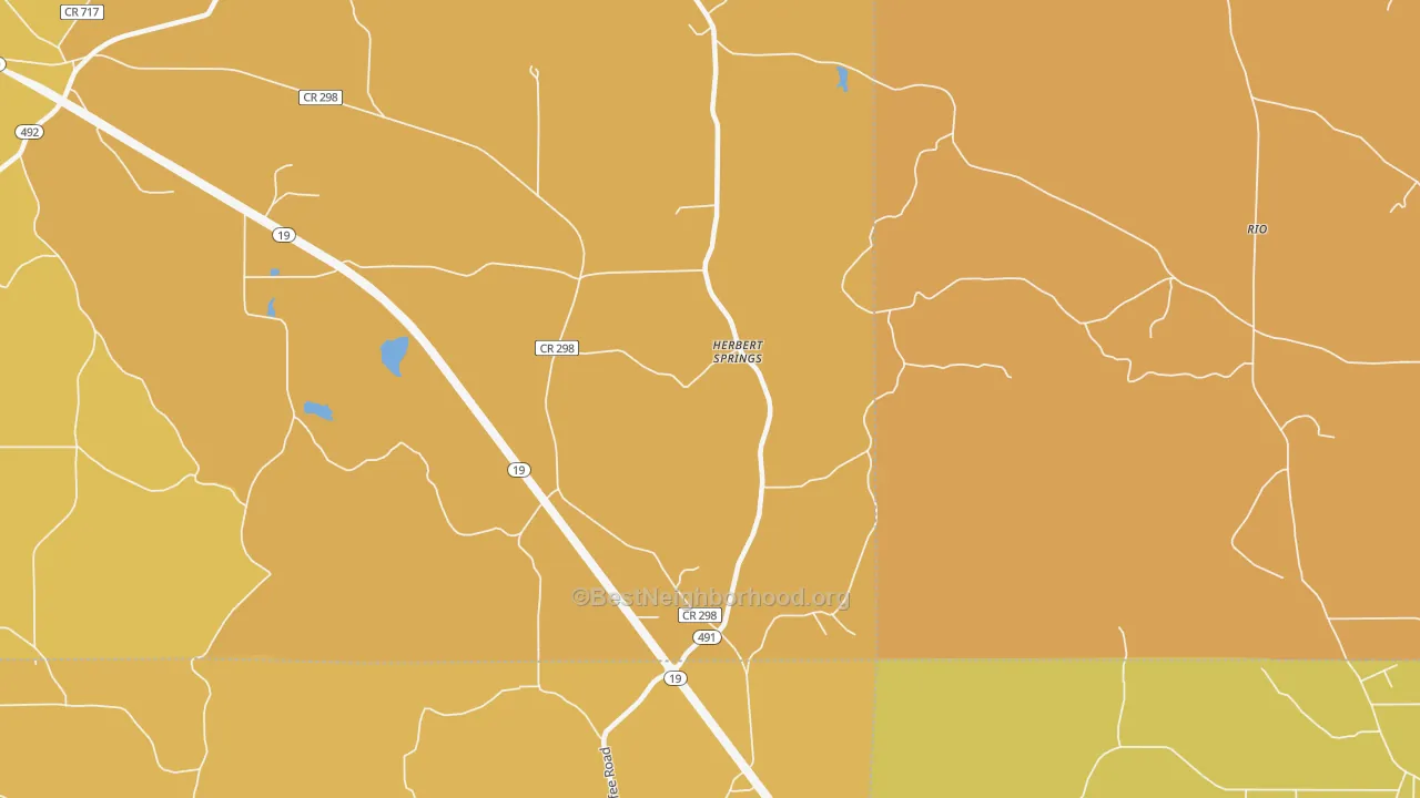 Map of the best neighborhoods in the Herbert Springs area, with better matches in green and worse matches in red