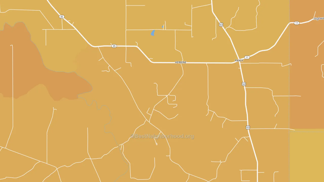 Map of the best neighborhoods in the Herbine area, with better matches in green and worse matches in red