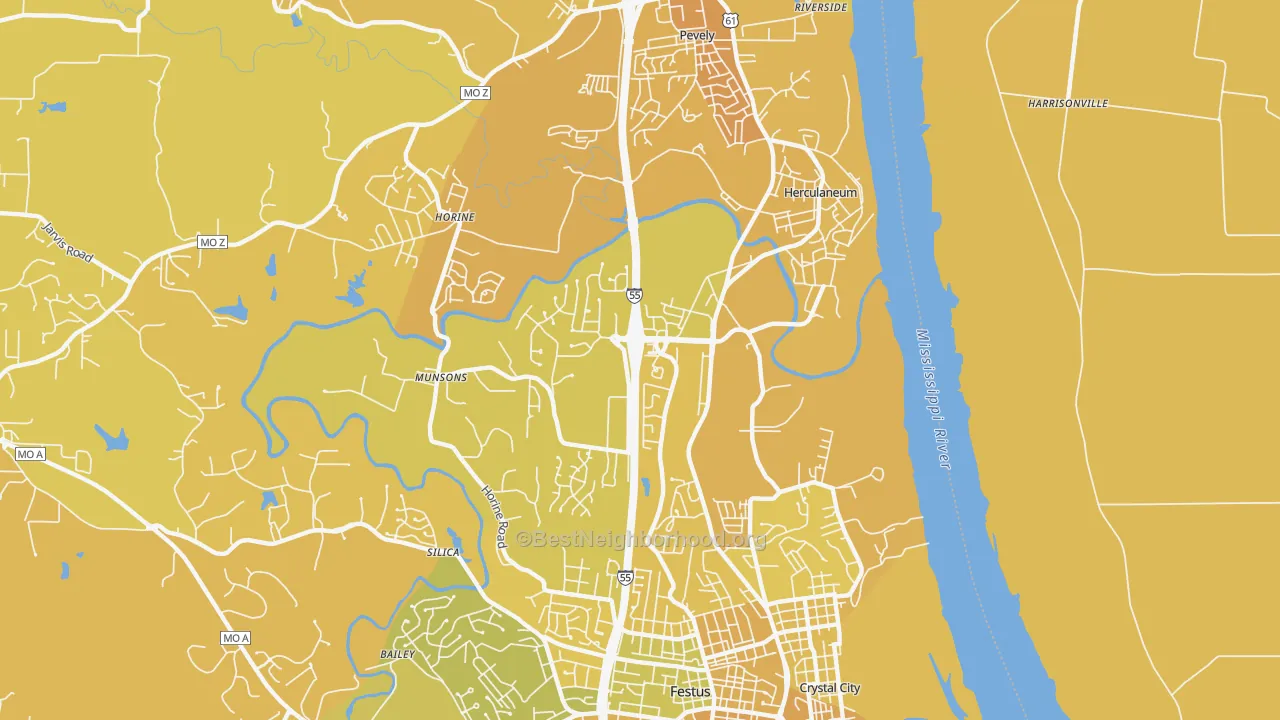 Map of the best neighborhoods in the Herculaneum area, with better matches in green and worse matches in red