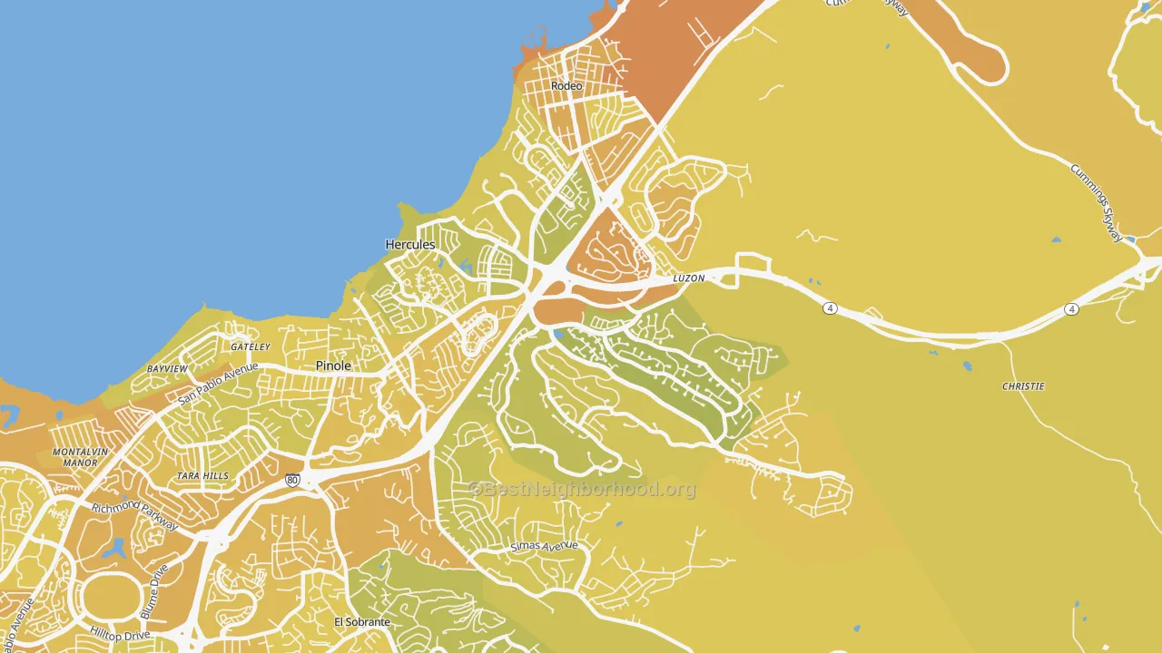 Map of the best neighborhoods in the Hercules area, with better matches in green and worse matches in red
