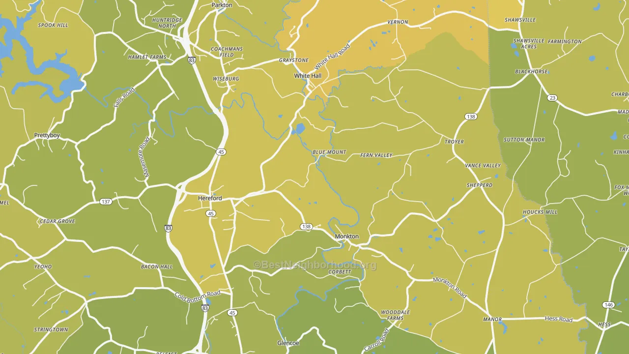 Map of the best neighborhoods in the Hereford area, with better matches in green and worse matches in red