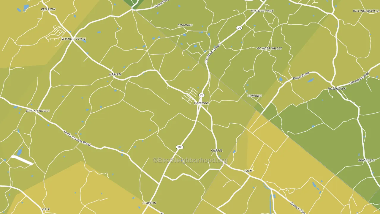 Map of the best neighborhoods in the Hereford area, with better matches in green and worse matches in red