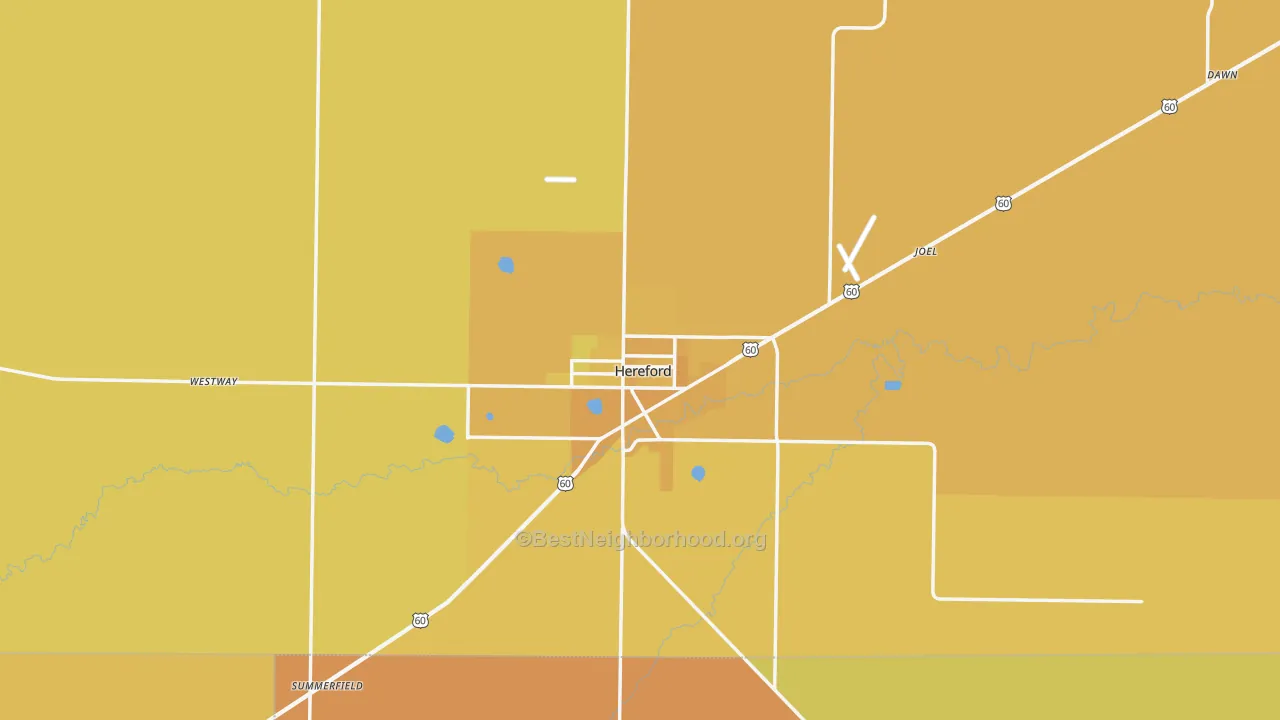 Map of the best neighborhoods in the Hereford area, with better matches in green and worse matches in red