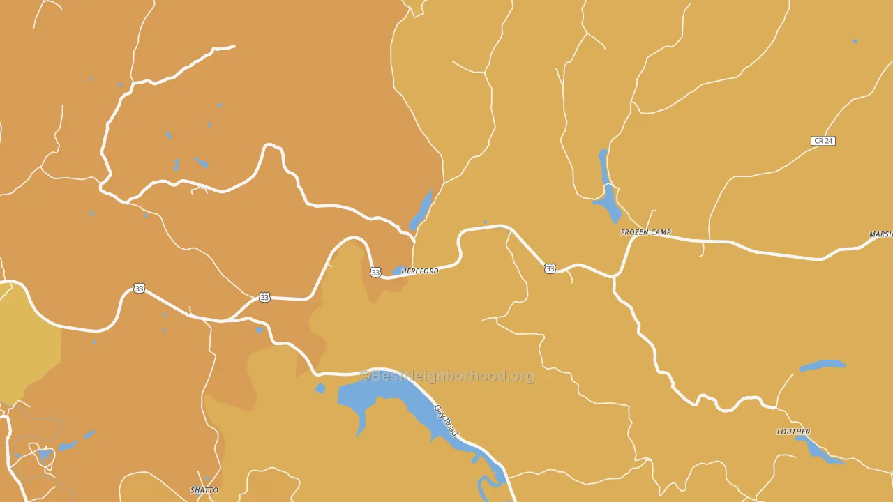 Map of the best neighborhoods in the Hereford area, with better matches in green and worse matches in red
