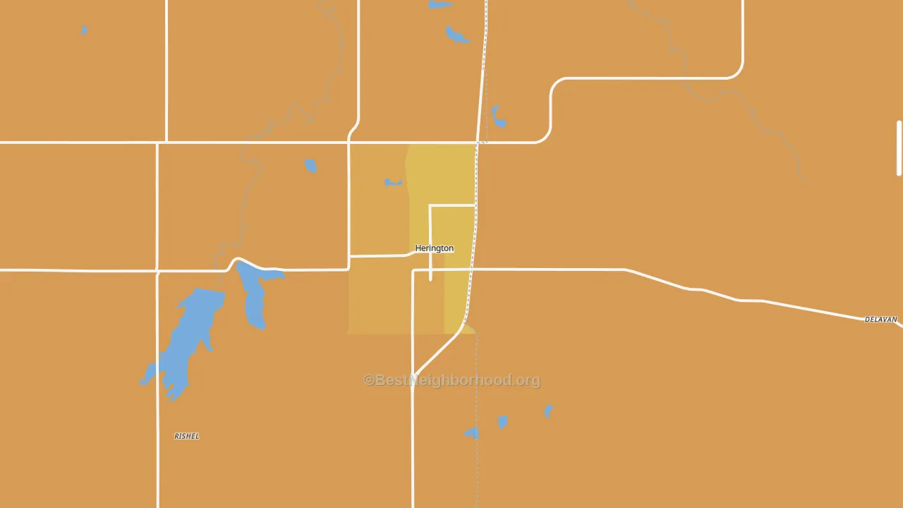 Map of the best neighborhoods in the Herington area, with better matches in green and worse matches in red