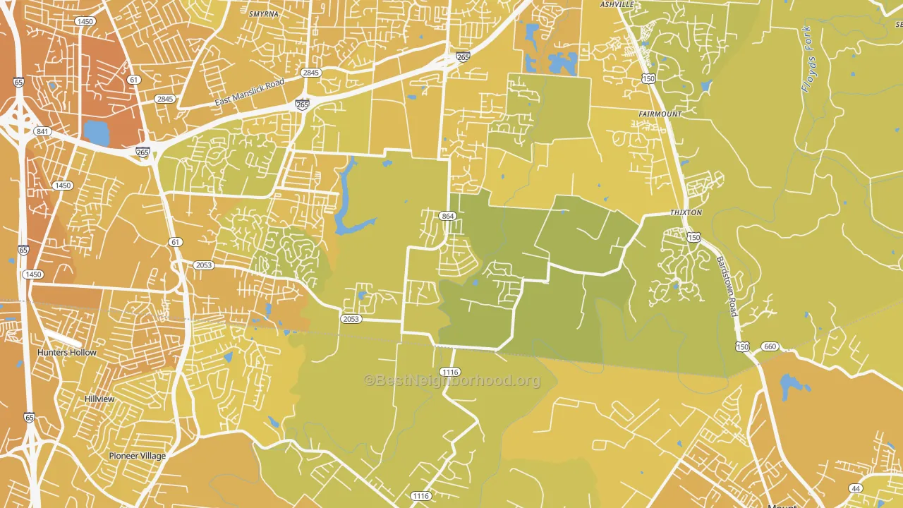 Map of the best neighborhoods in the Heritage Creek area, with better matches in green and worse matches in red