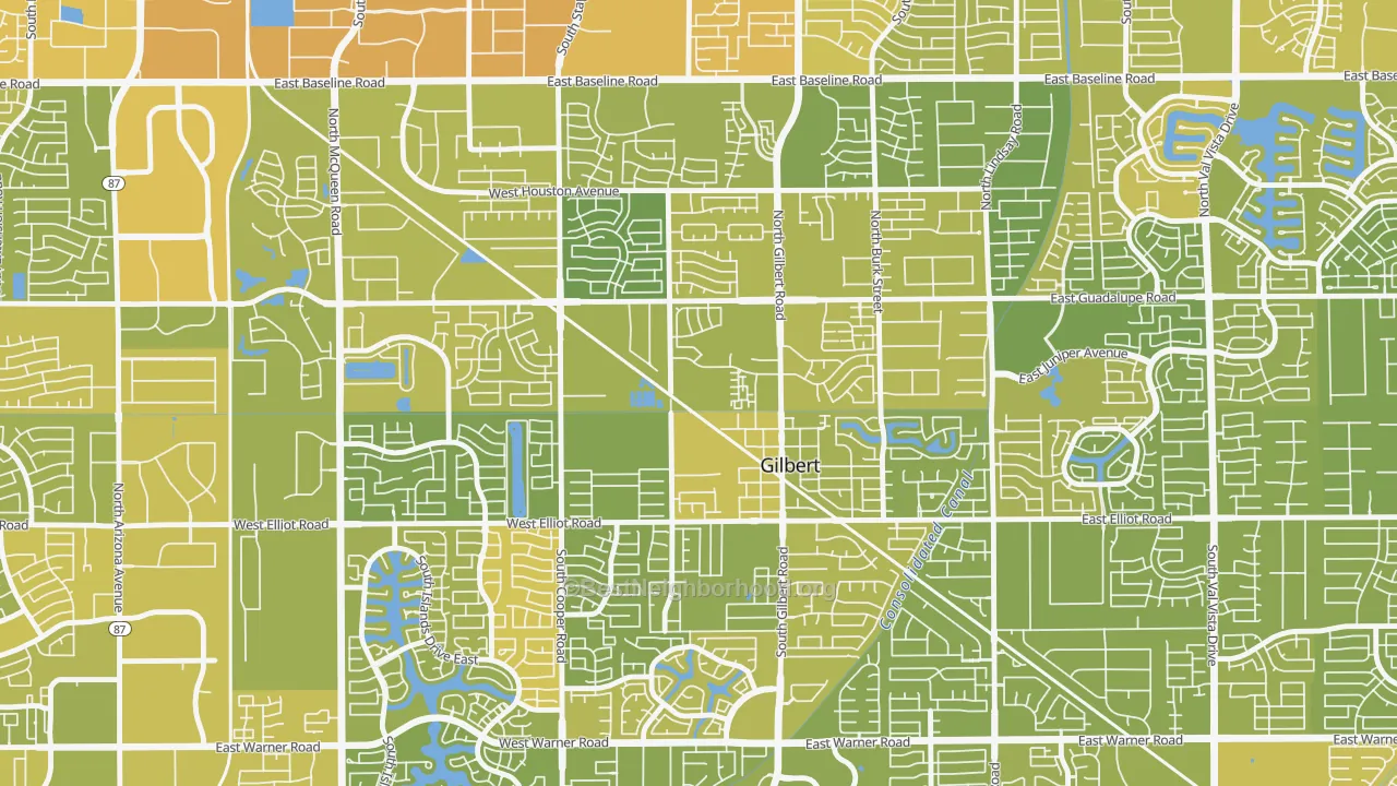 Map of the best neighborhoods in the Heritage District, Gilbert area, with better matches in green and worse matches in red
