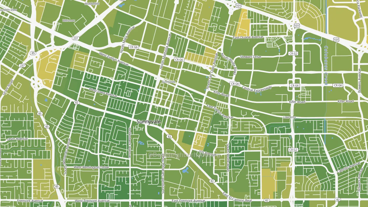 Map of the best neighborhoods in the Heritage District, Sunnyvale area, with better matches in green and worse matches in red