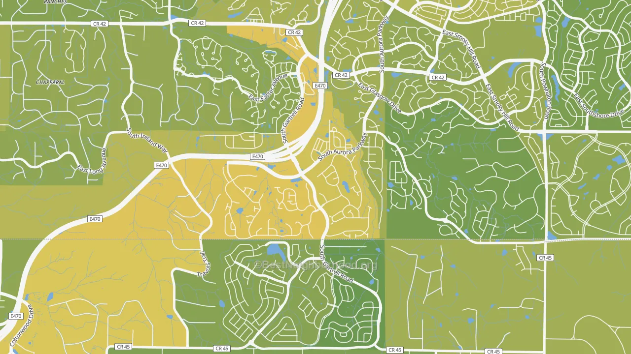 Map of the best neighborhoods in the Heritage Eagle Bend, Aurora area, with better matches in green and worse matches in red