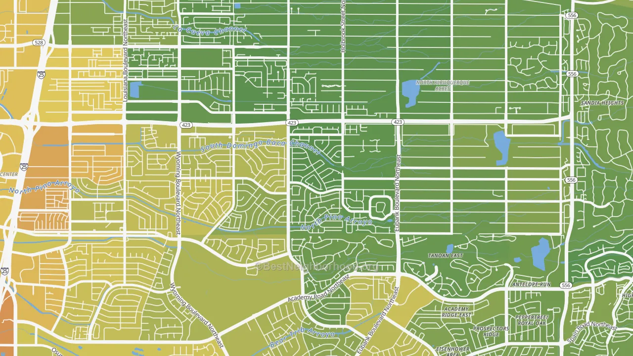 Map of the best neighborhoods in the Heritage East, Albuquerque area, with better matches in green and worse matches in red