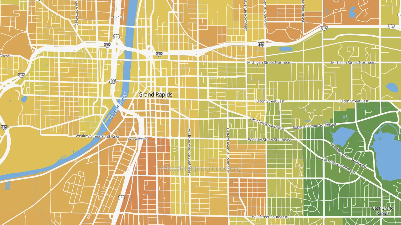 Map of the best neighborhoods in the Heritage Hill, Grand Rapids area, with better matches in green and worse matches in red