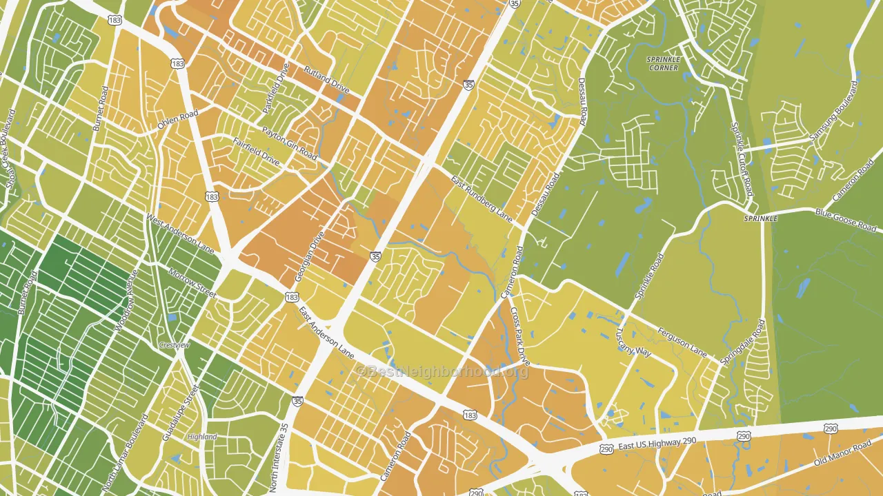 Map of the best neighborhoods in the Heritage Hills, Austin area, with better matches in green and worse matches in red