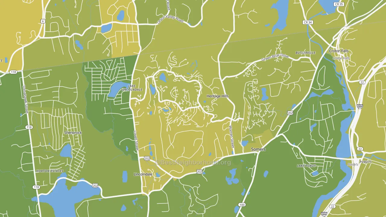 Map of the best neighborhoods in the Heritage Hills area, with better matches in green and worse matches in red