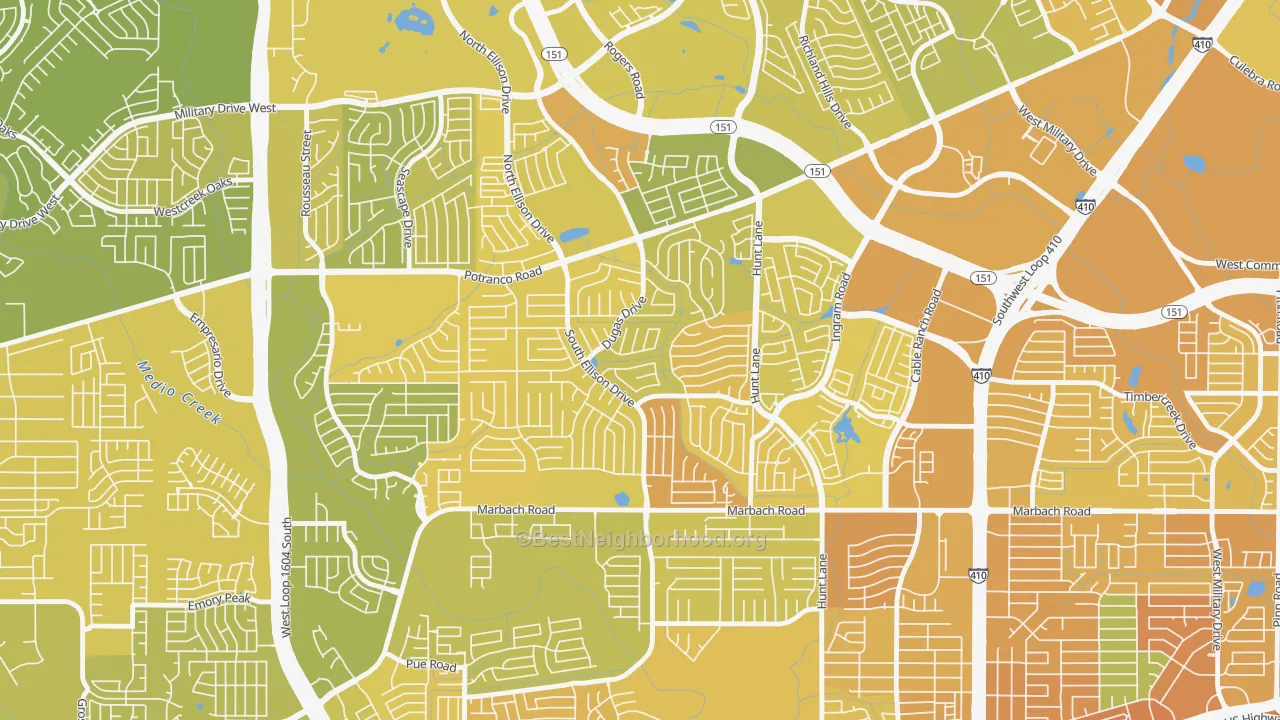 Map of the best neighborhoods in the Heritage, San Antonio area, with better matches in green and worse matches in red