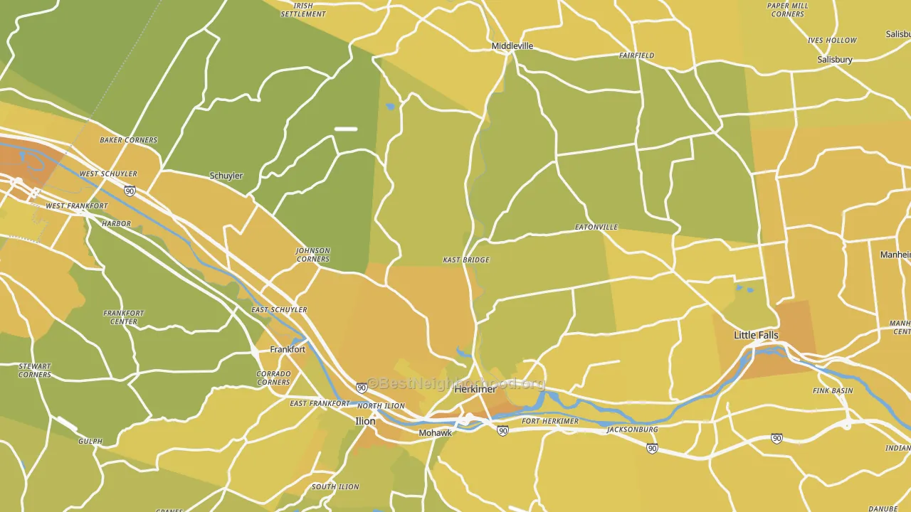 Map of the best neighborhoods in the Herkimer County area, with better matches in green and worse matches in red