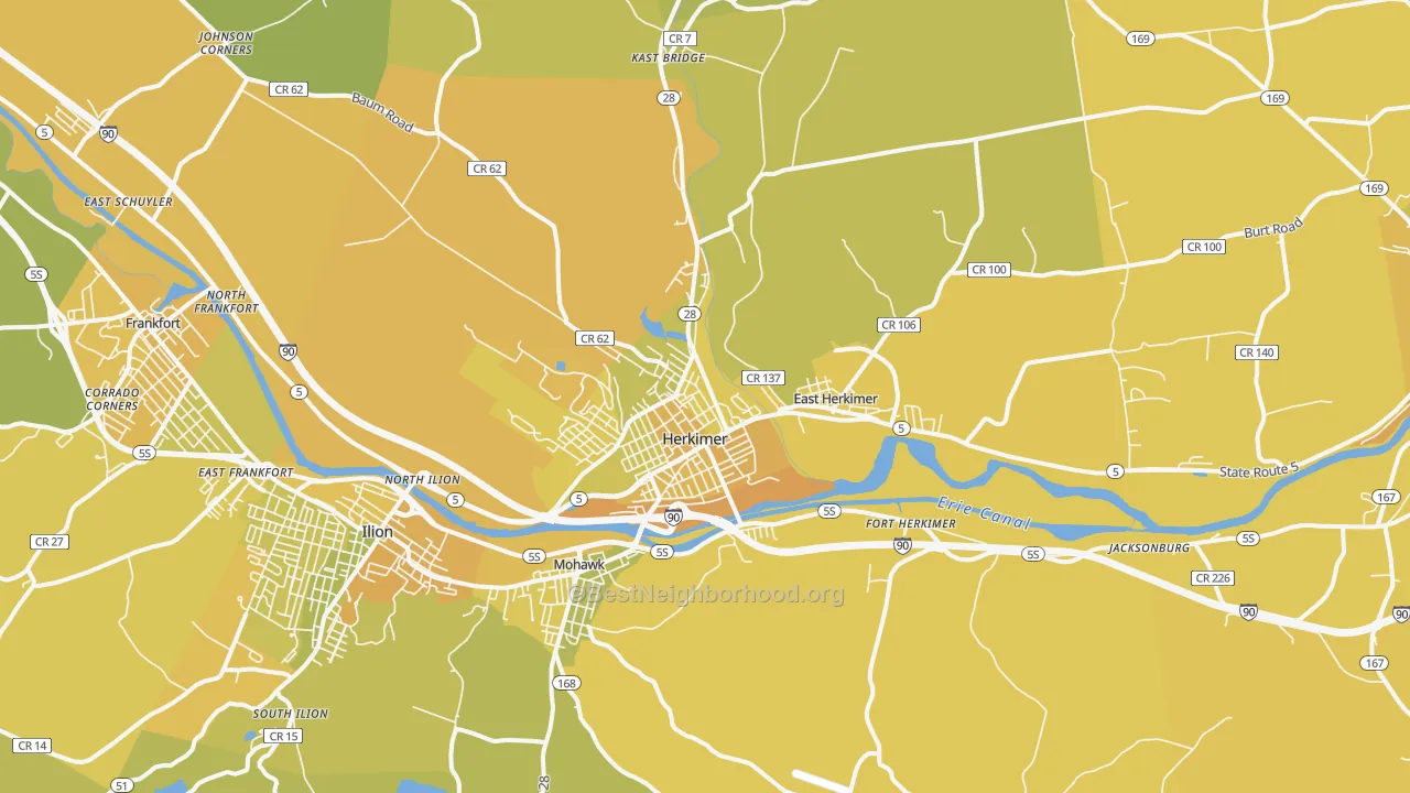 Map of the best neighborhoods in the Herkimer area, with better matches in green and worse matches in red