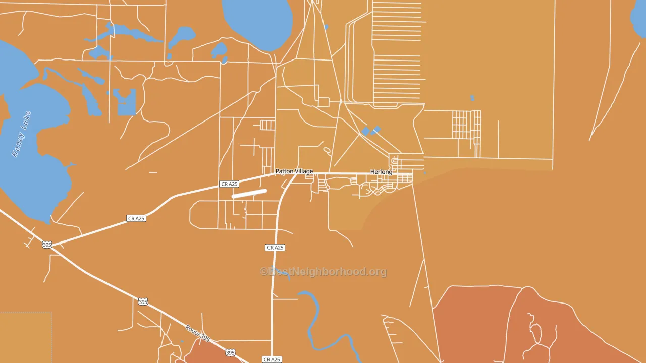 Map of the best neighborhoods in the Herlong area, with better matches in green and worse matches in red