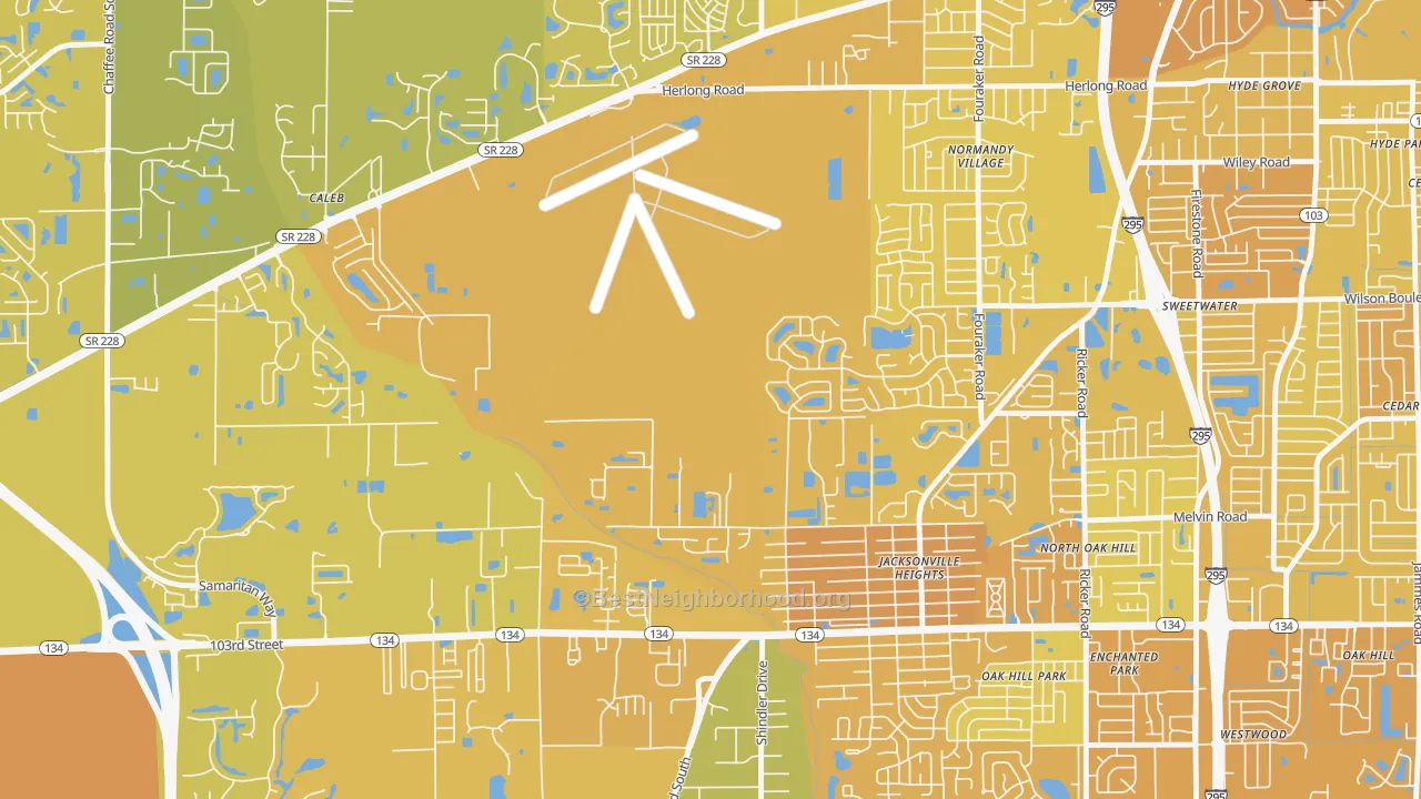 Map of the best neighborhoods in the Herlong, Jacksonville area, with better matches in green and worse matches in red