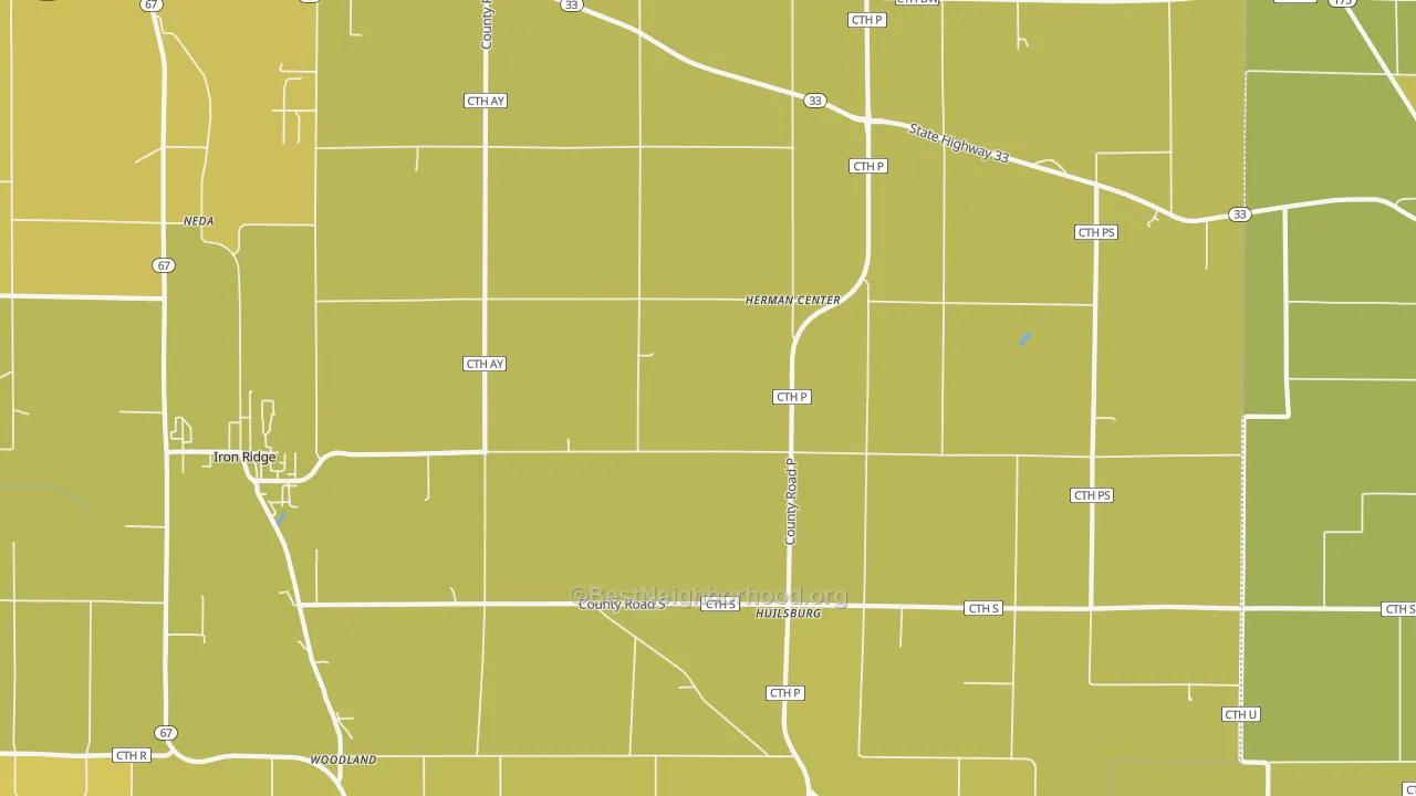 Map of the best neighborhoods in the Herman Center area, with better matches in green and worse matches in red
