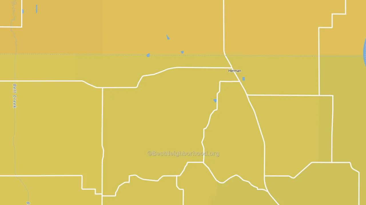 Map of the best neighborhoods in the Herman area, with better matches in green and worse matches in red