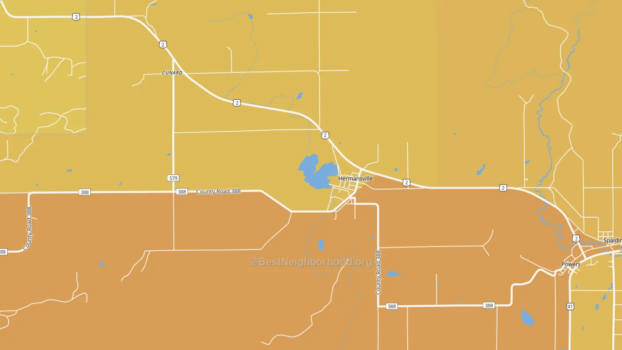 Map of the best neighborhoods in the Hermansville area, with better matches in green and worse matches in red