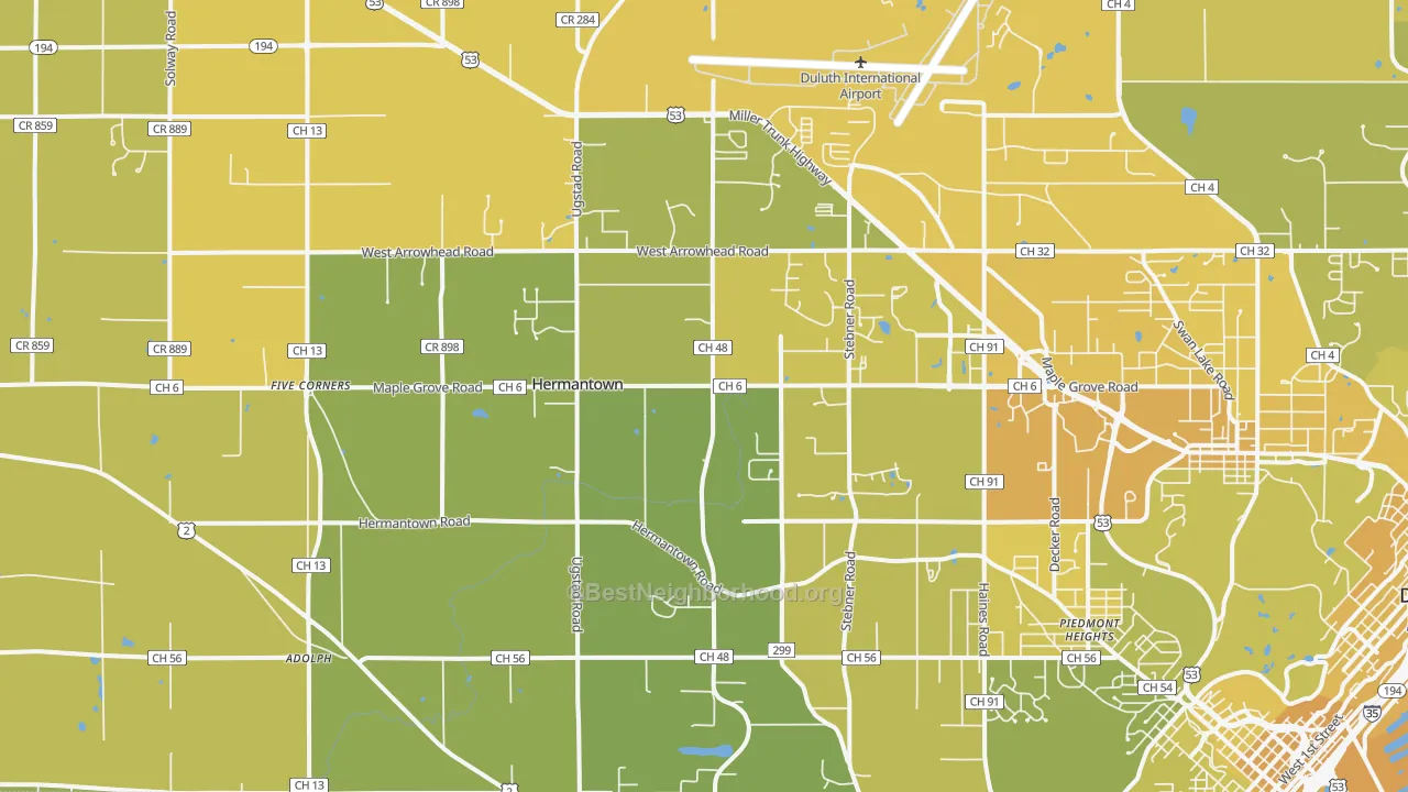 Map of the best neighborhoods in the Hermantown area, with better matches in green and worse matches in red