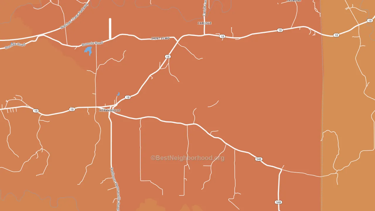 Map of the best neighborhoods in the Hermanville area, with better matches in green and worse matches in red
