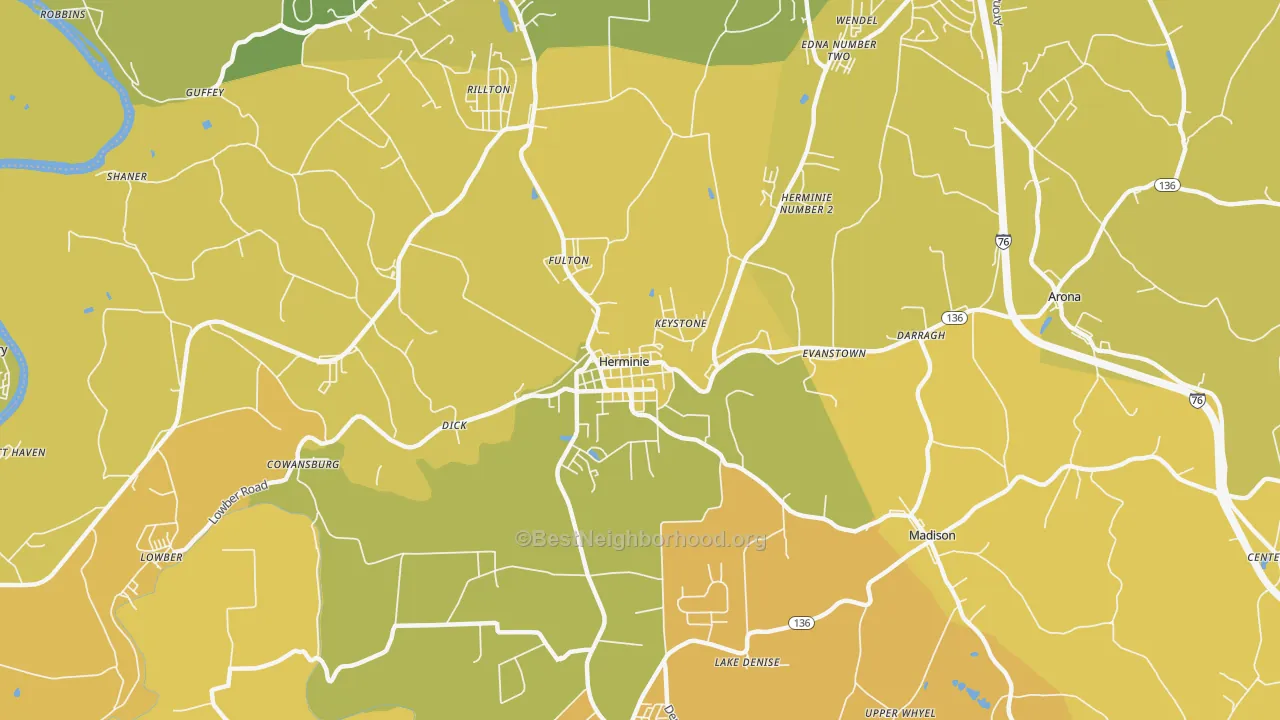 Map of the best neighborhoods in the Herminie area, with better matches in green and worse matches in red
