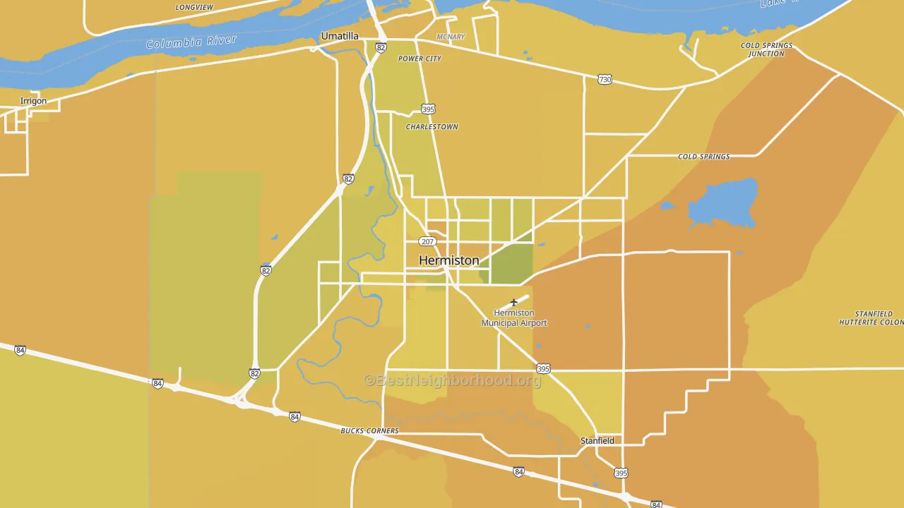 Map of the best neighborhoods in the Hermiston area, with better matches in green and worse matches in red