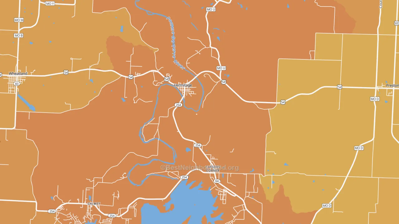 Map of the best neighborhoods in the Hermitage area, with better matches in green and worse matches in red