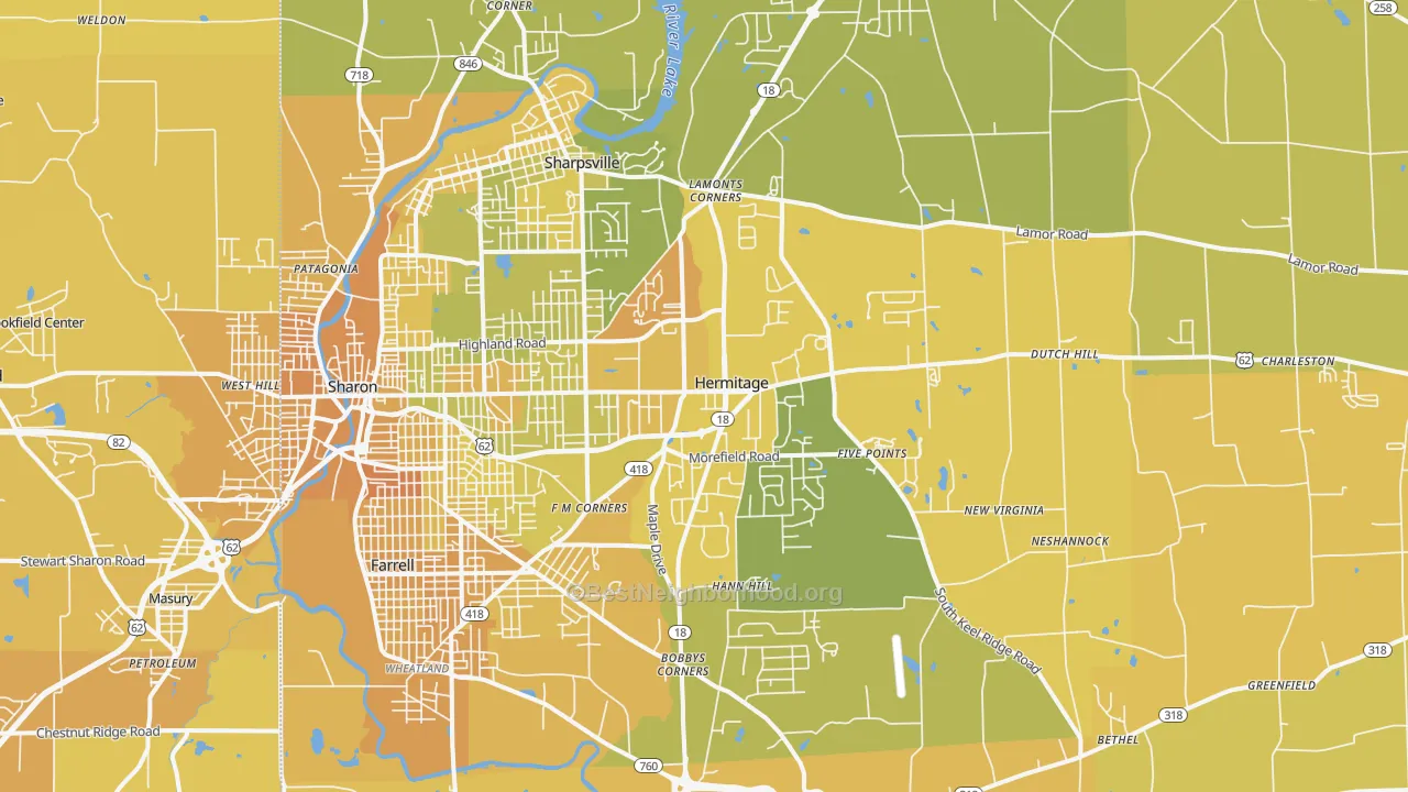 Map of the best neighborhoods in the Hermitage area, with better matches in green and worse matches in red