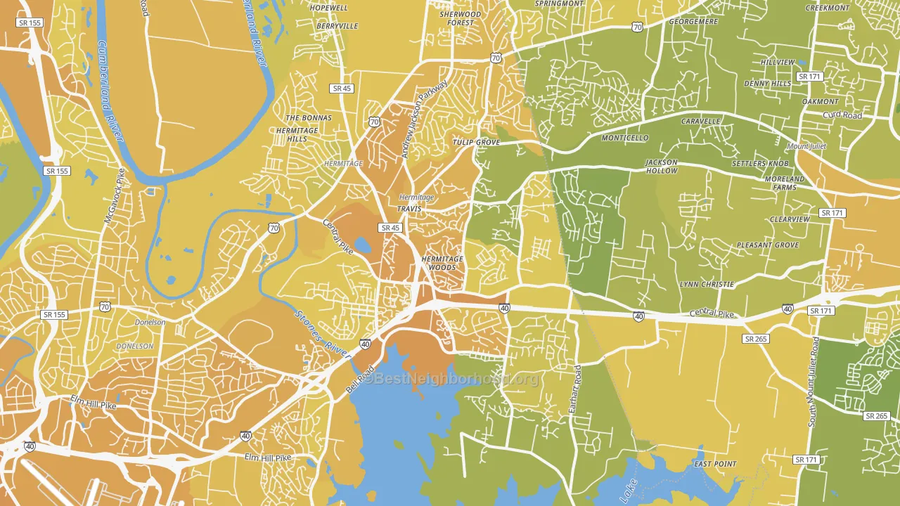 Map of the best neighborhoods in the Hermitage area, with better matches in green and worse matches in red