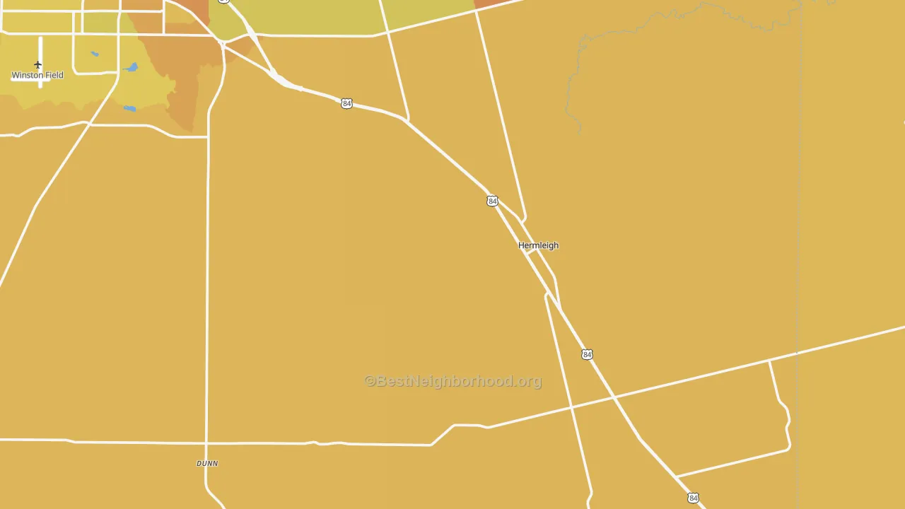 Map of the best neighborhoods in the Hermleigh area, with better matches in green and worse matches in red