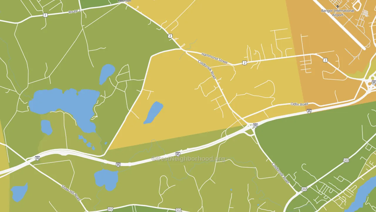 Map of the best neighborhoods in the Hermon Center area, with better matches in green and worse matches in red