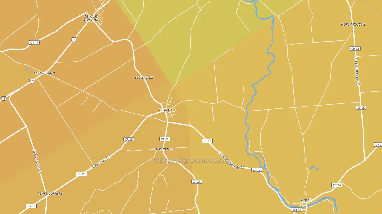 Map of the best neighborhoods in the Hermon area, with better matches in green and worse matches in red