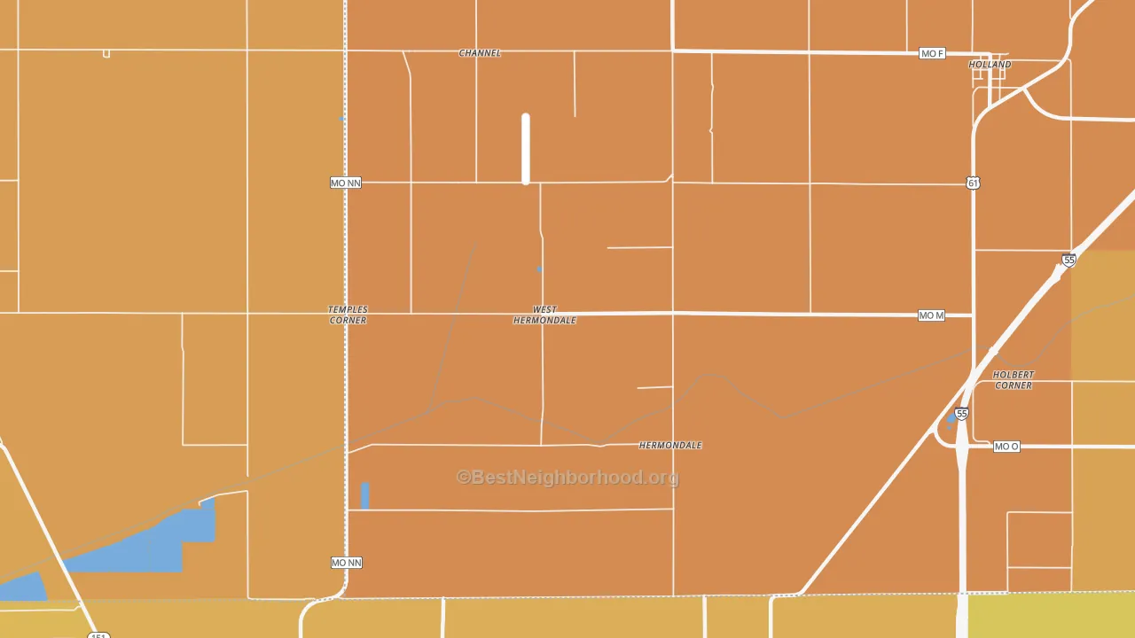 Map of the best neighborhoods in the Hermondale area, with better matches in green and worse matches in red