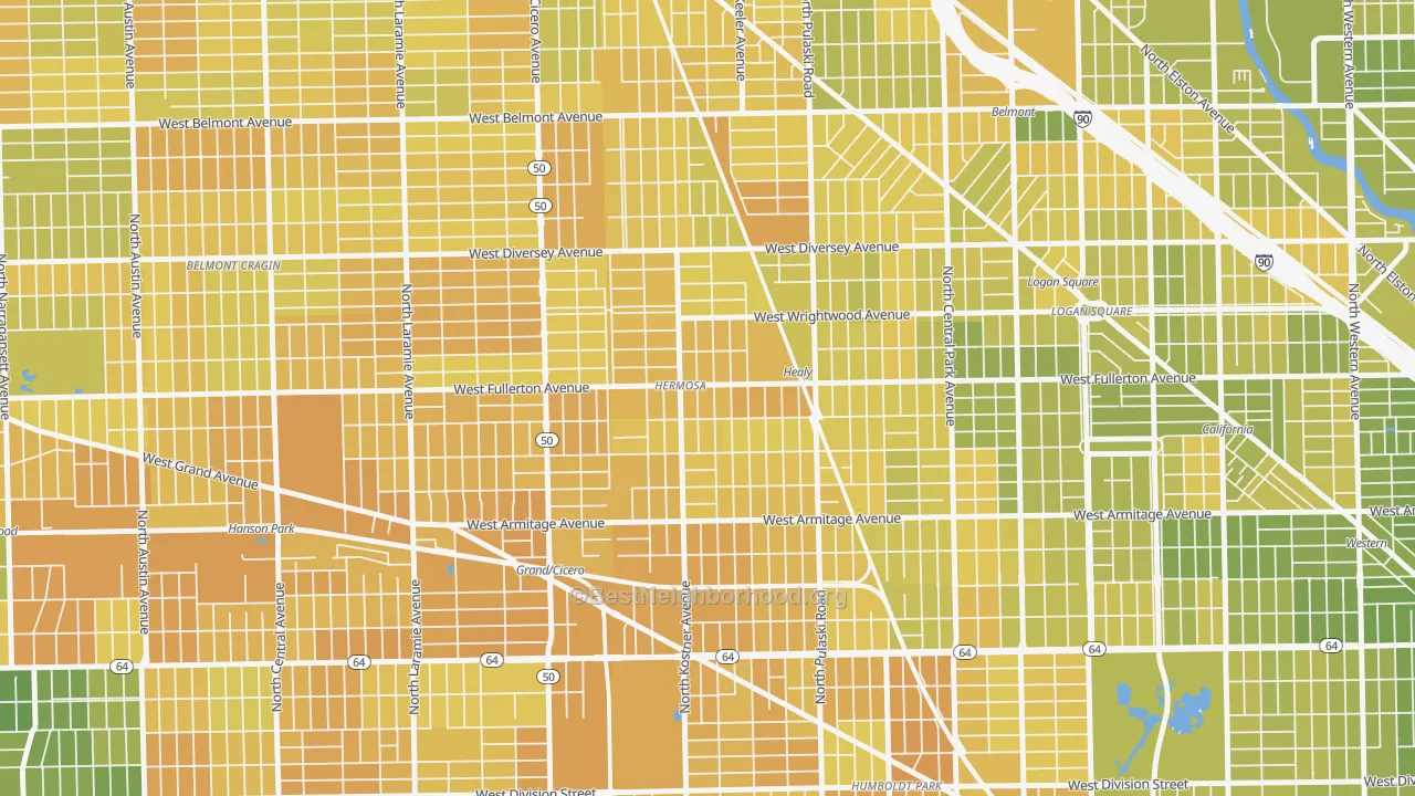 Map of the best neighborhoods in the Hermosa, Chicago area, with better matches in green and worse matches in red