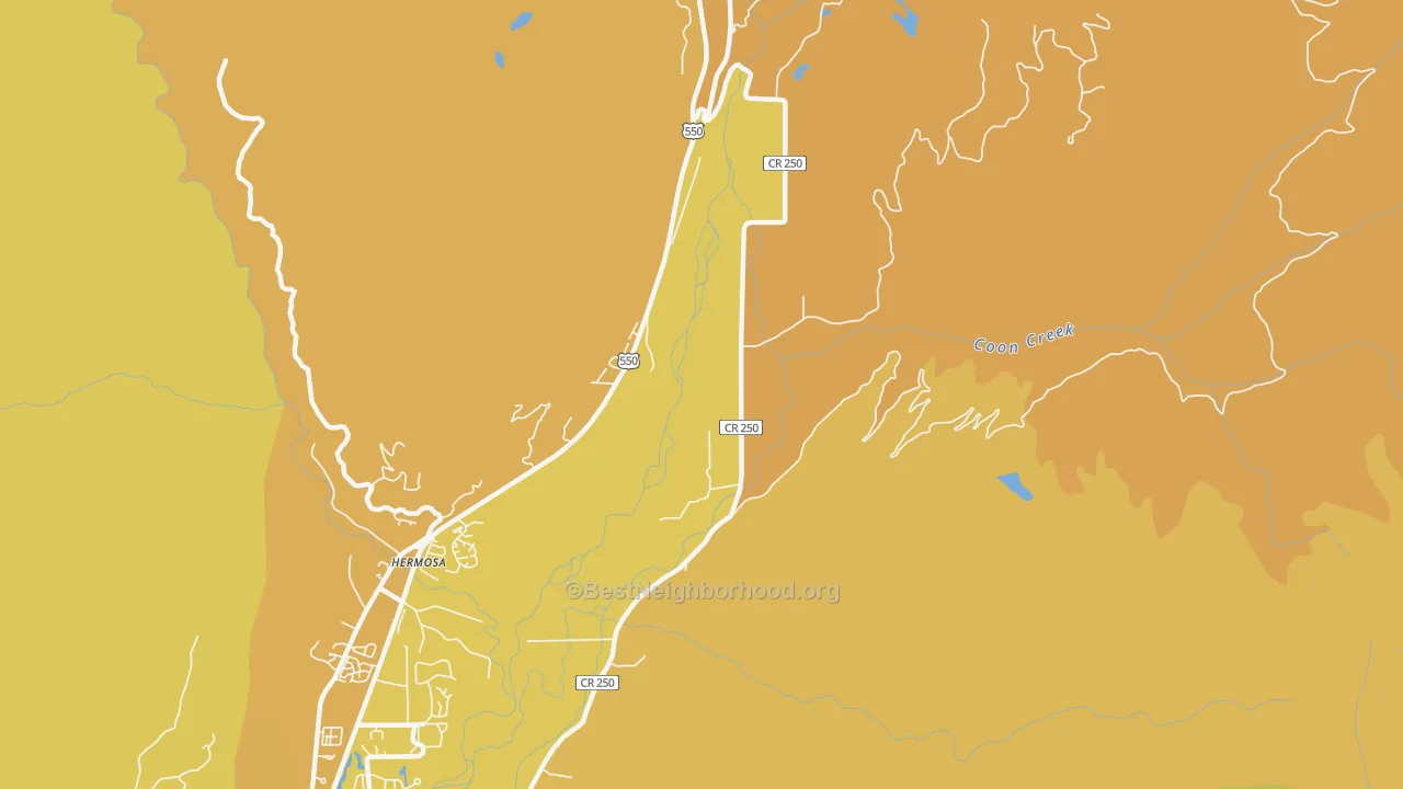 Map of the best neighborhoods in the Hermosa area, with better matches in green and worse matches in red