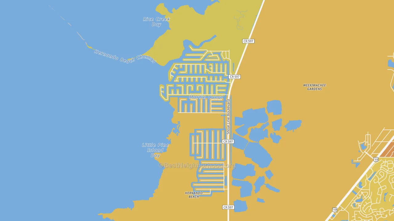 Map of the best neighborhoods in the Hernando Beach area, with better matches in green and worse matches in red